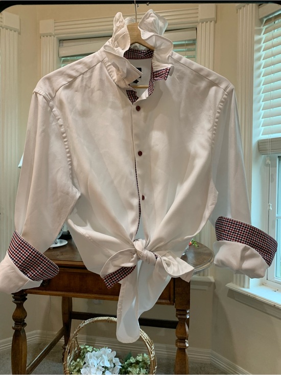 H&M Tops - Reimagined White Dress Shirt with Red-Black Check Trim